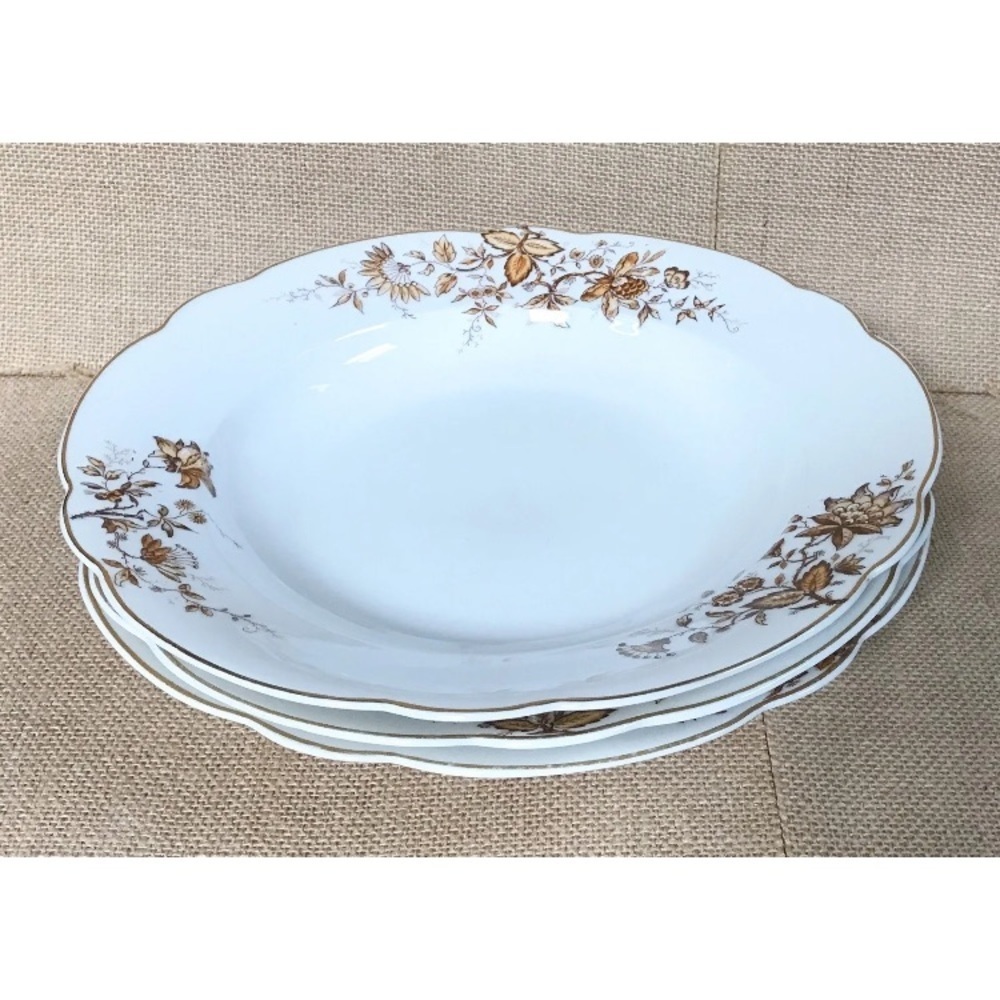 Vintage White Brown Floral Leaf Pattern Scalloped Edge Gold Trim Bowls Set Of 3